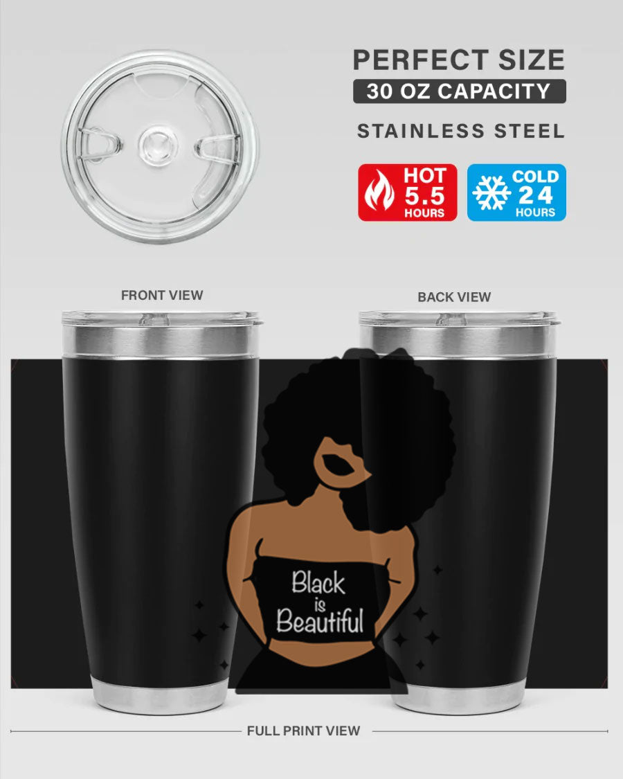 Black is Beautiful 16oz Tumbler showcasing a sleek design with double wall vacuum insulation and a drink-thru lid.