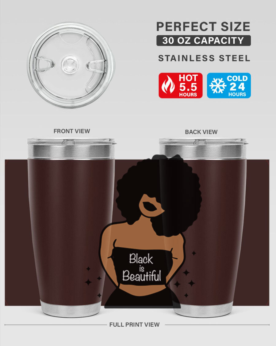 Black is Beautiful 16oz Tumbler showcasing a sleek design with double wall vacuum insulation and a drink-thru lid.