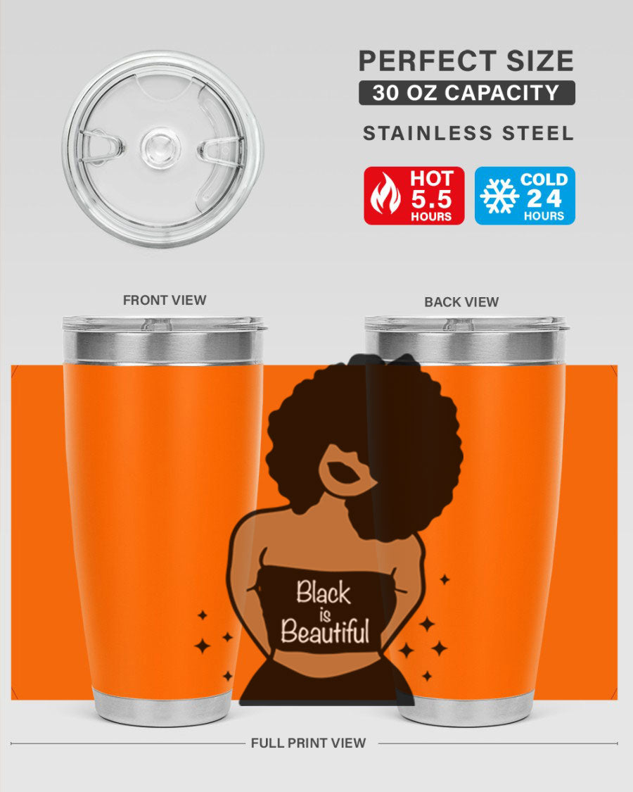 Black is Beautiful 16oz Tumbler showcasing a sleek design with double wall vacuum insulation and a drink-thru lid.