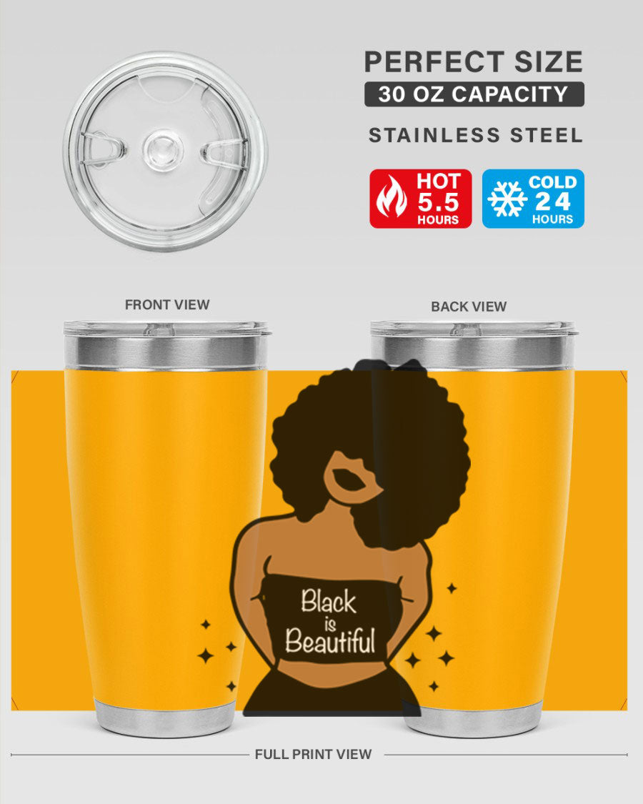 Black is Beautiful 16oz Tumbler showcasing a sleek design with double wall vacuum insulation and a drink-thru lid.