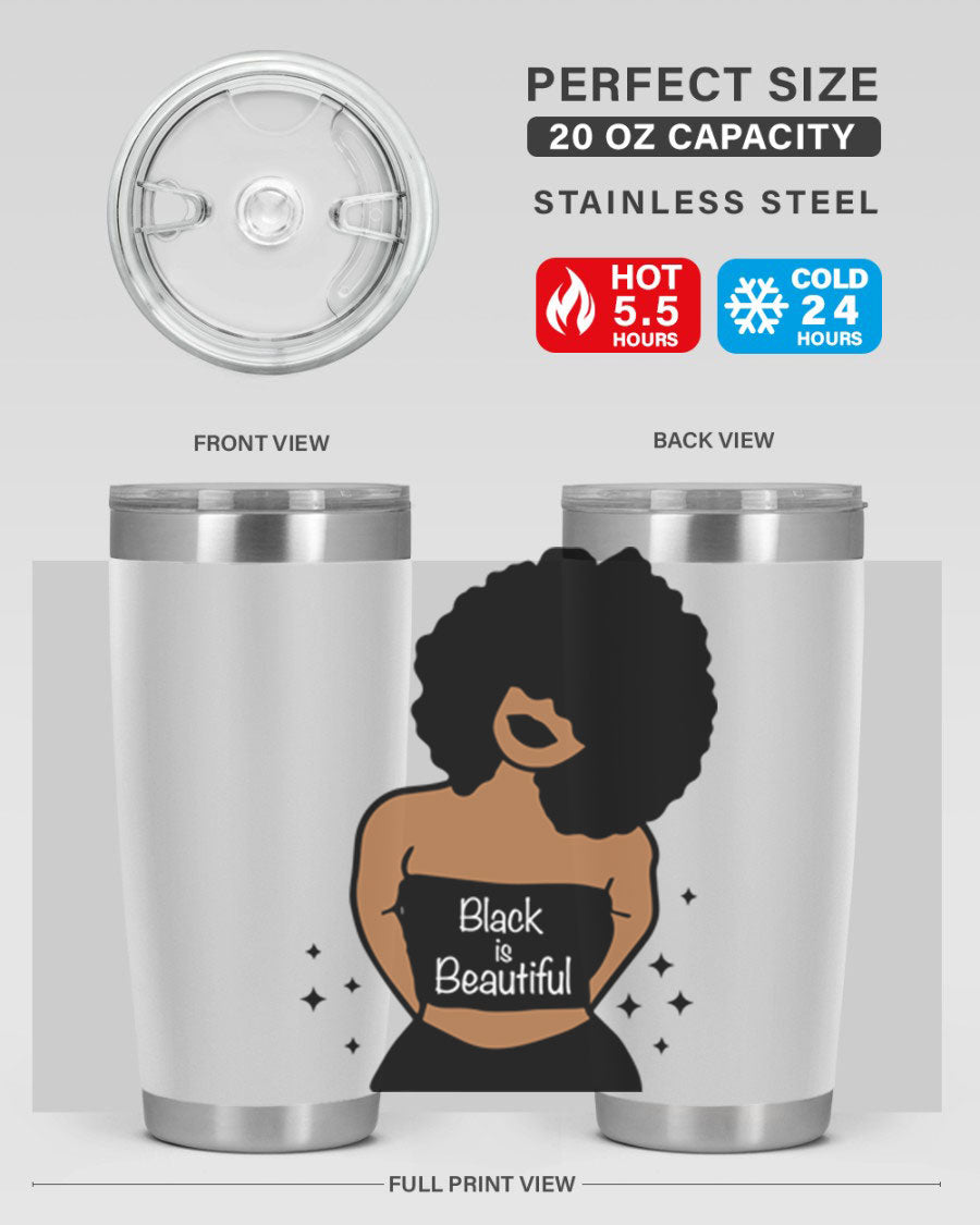 Black is Beautiful 16oz Tumbler showcasing a sleek design with double wall vacuum insulation and a drink-thru lid.