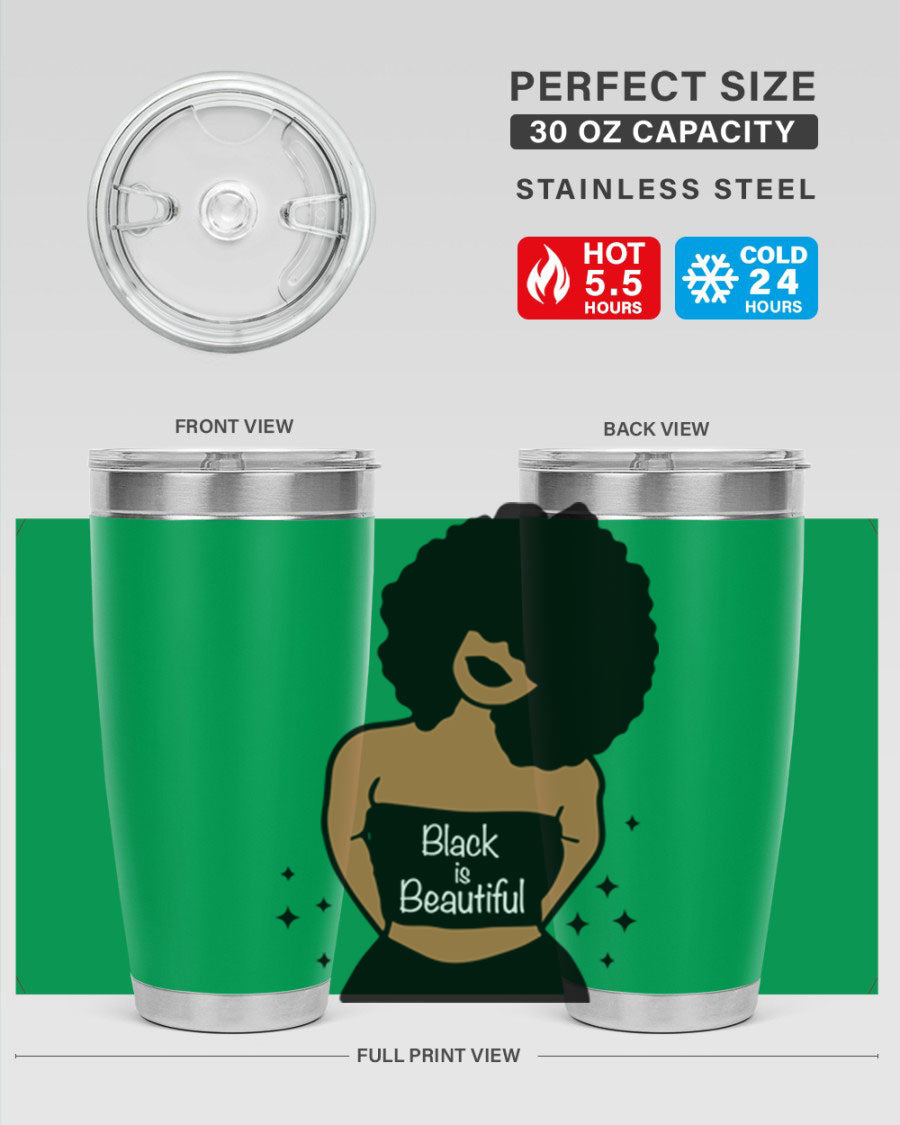 Black is Beautiful 16oz Tumbler showcasing a sleek design with double wall vacuum insulation and a drink-thru lid.