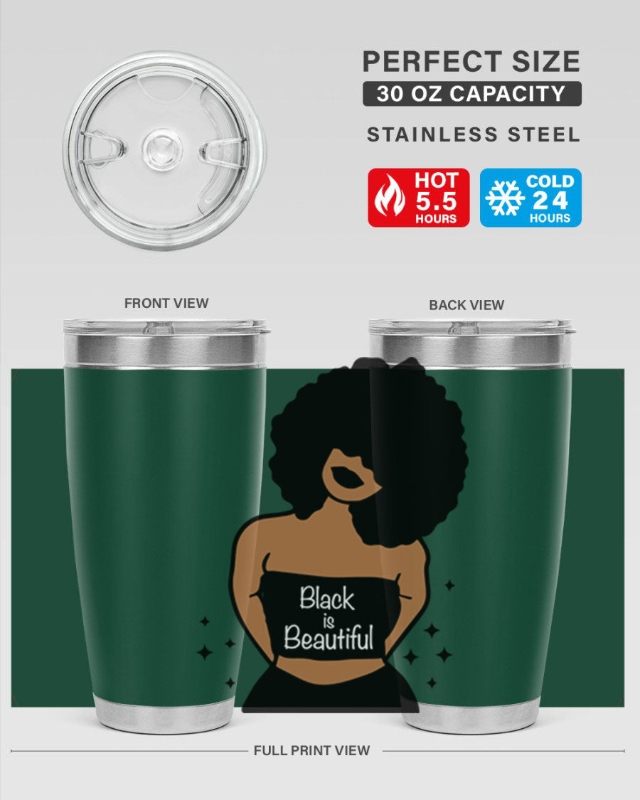 Black is Beautiful 16oz Tumbler showcasing a sleek design with double wall vacuum insulation and a drink-thru lid.