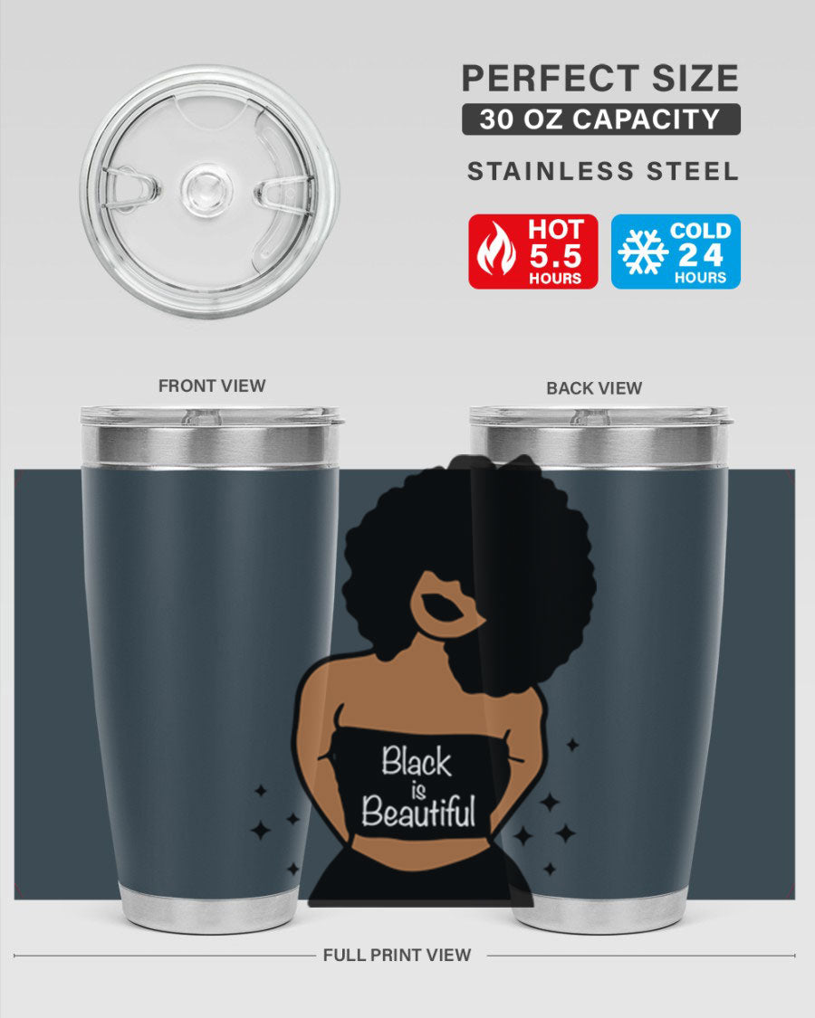 Black is Beautiful 16oz Tumbler showcasing a sleek design with double wall vacuum insulation and a drink-thru lid.