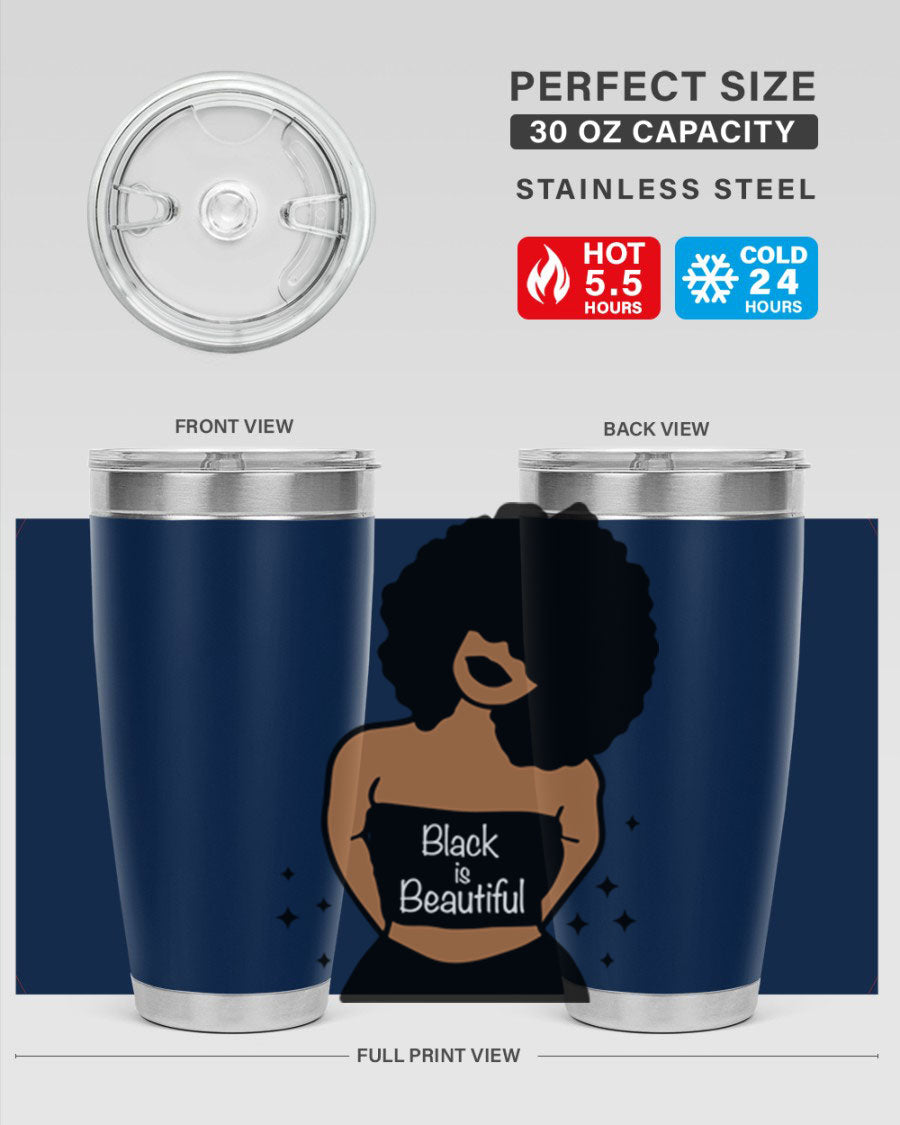 Black is Beautiful 16oz Tumbler showcasing a sleek design with double wall vacuum insulation and a drink-thru lid.