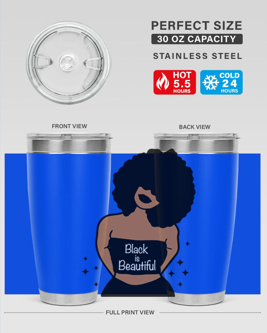 Black is Beautiful 16oz Tumbler showcasing a sleek design with double wall vacuum insulation and a drink-thru lid.