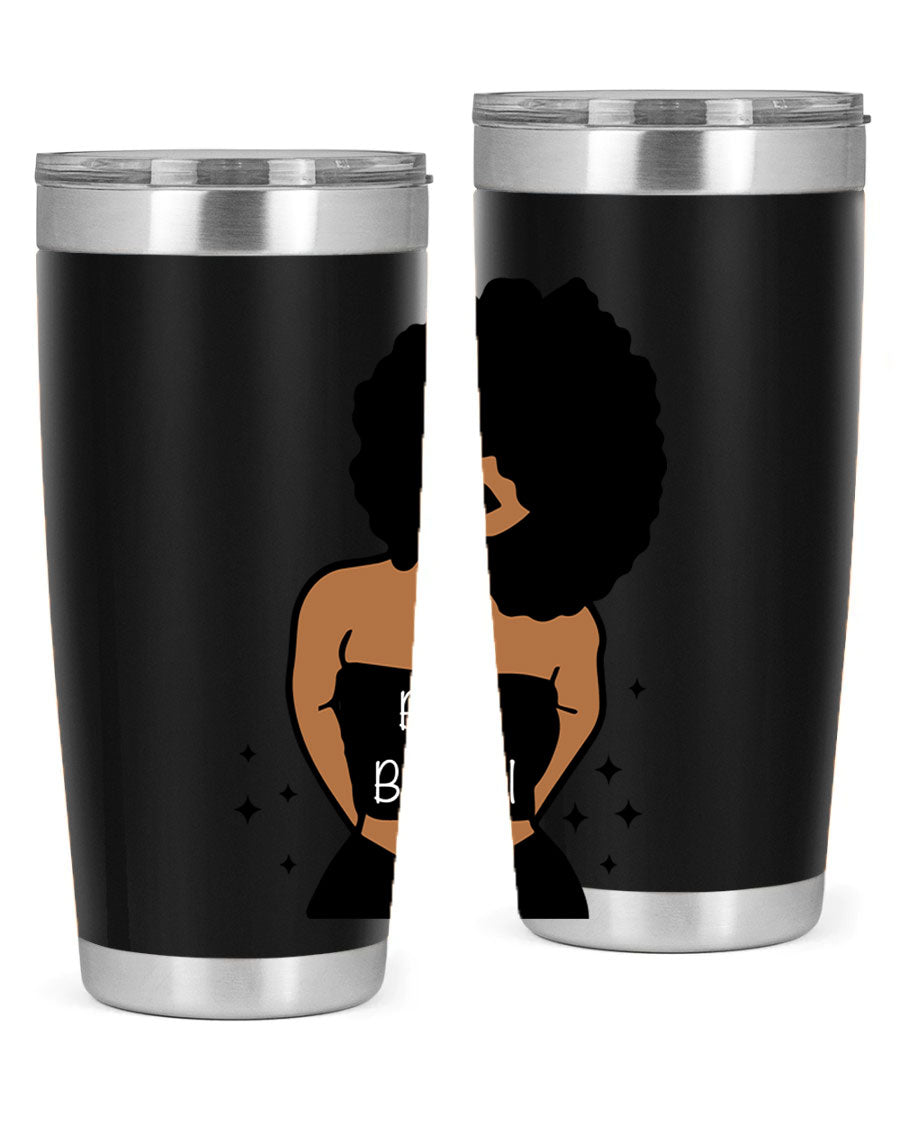 Black is Beautiful 16oz Tumbler showcasing a sleek design with double wall vacuum insulation and a drink-thru lid.