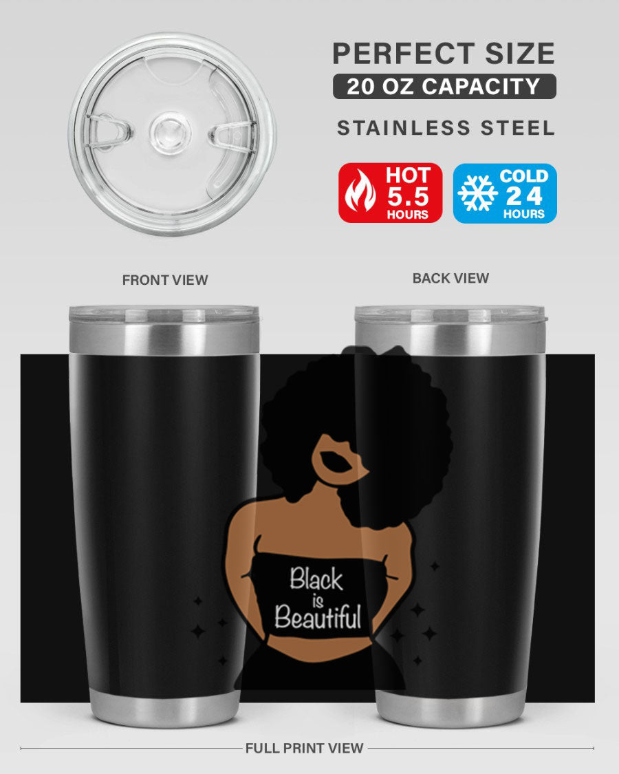 Black is Beautiful 16oz Tumbler showcasing a sleek design with double wall vacuum insulation and a drink-thru lid.