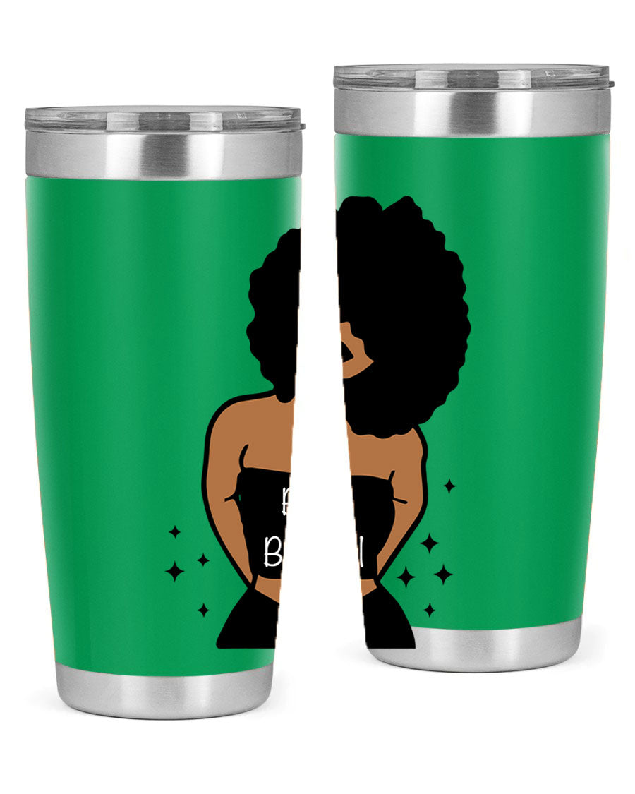 Black is Beautiful 16oz Tumbler showcasing a sleek design with double wall vacuum insulation and a drink-thru lid.