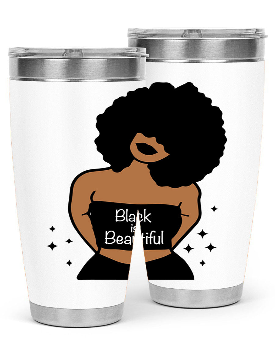 Black is Beautiful 16oz Tumbler showcasing a sleek design with double wall vacuum insulation and a drink-thru lid.