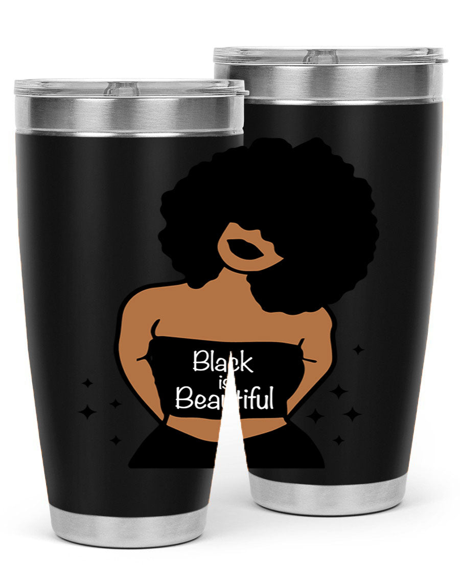 Black is Beautiful 16oz Tumbler showcasing a sleek design with double wall vacuum insulation and a drink-thru lid.