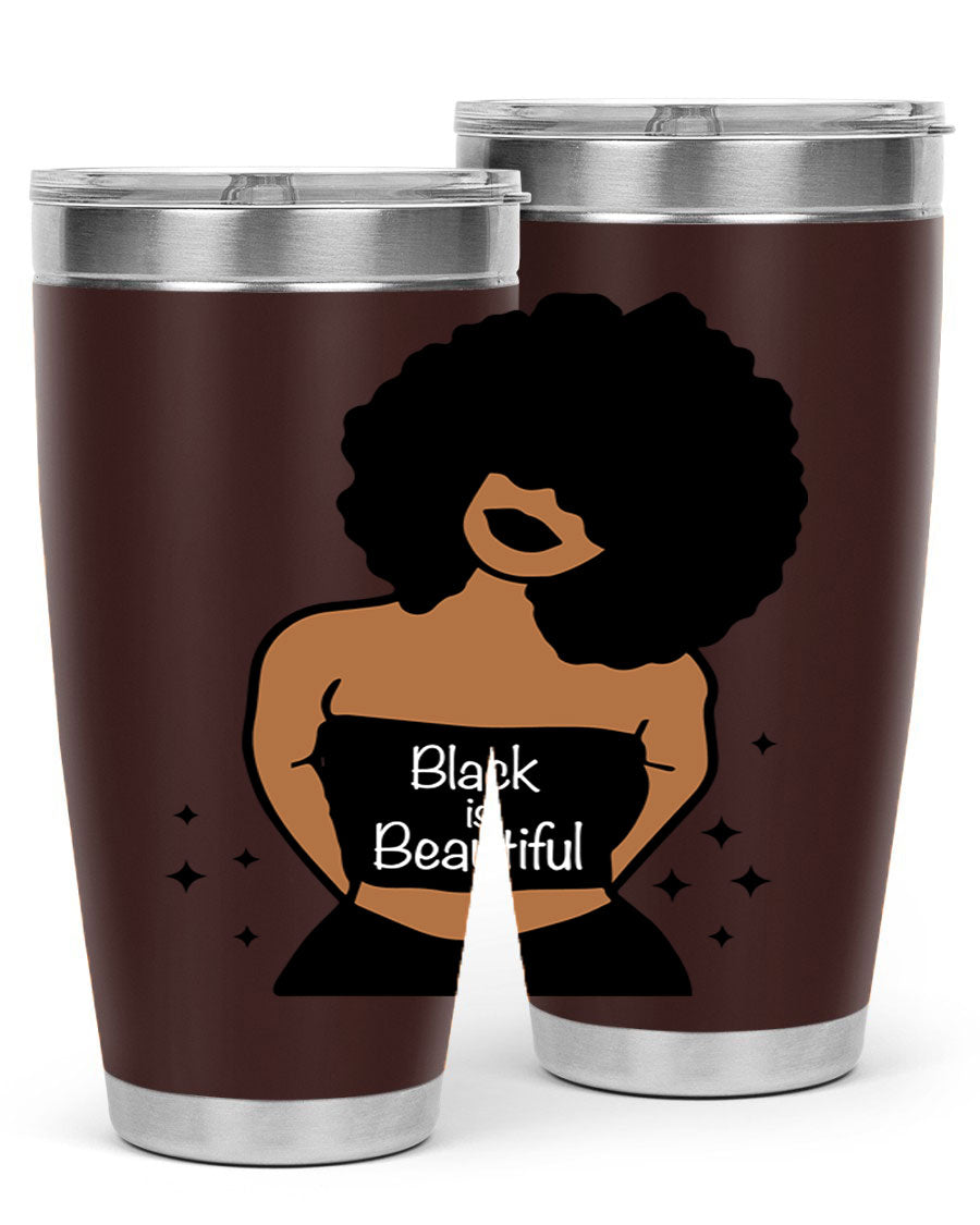 Black is Beautiful 16oz Tumbler showcasing a sleek design with double wall vacuum insulation and a drink-thru lid.