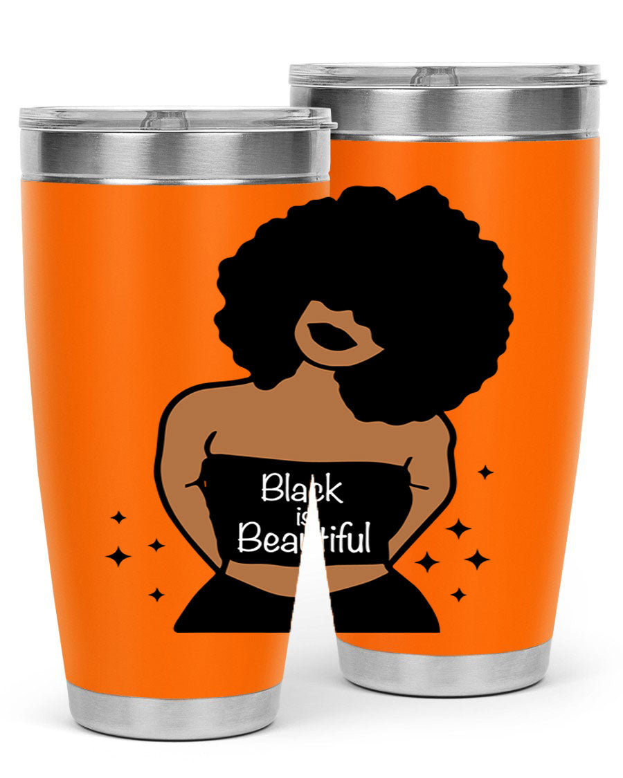 Black is Beautiful 16oz Tumbler showcasing a sleek design with double wall vacuum insulation and a drink-thru lid.