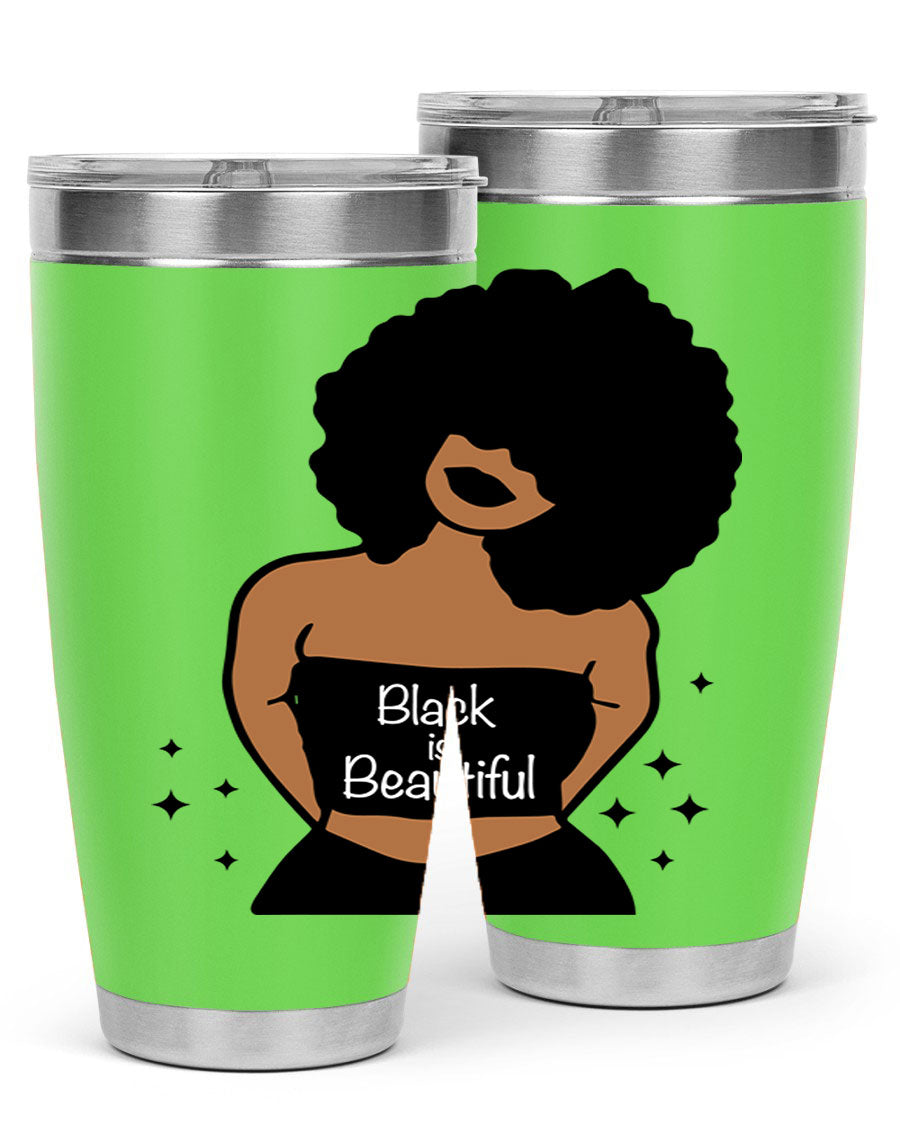 Black is Beautiful 16oz Tumbler showcasing a sleek design with double wall vacuum insulation and a drink-thru lid.