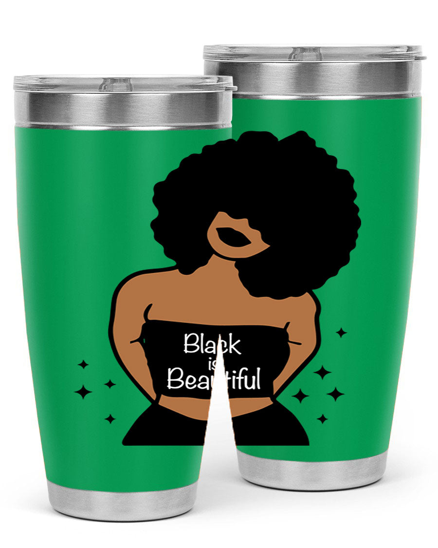 Black is Beautiful 16oz Tumbler showcasing a sleek design with double wall vacuum insulation and a drink-thru lid.