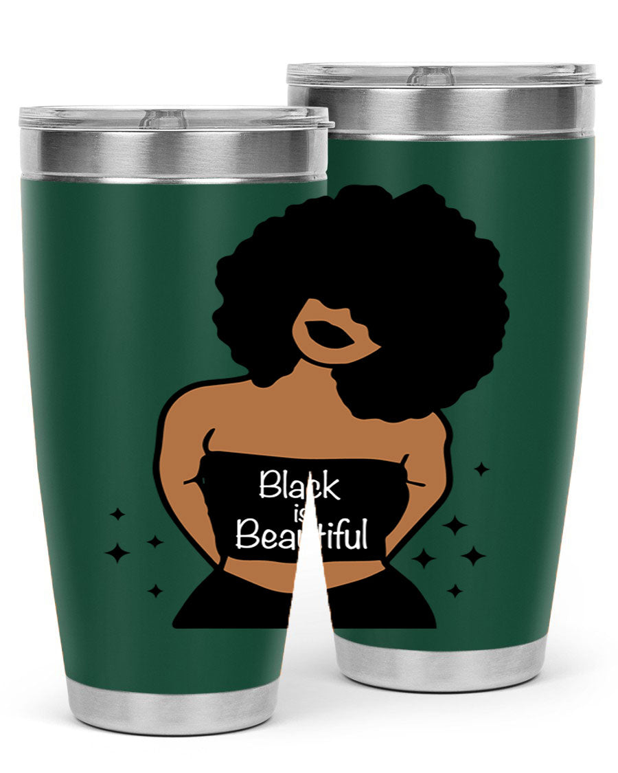 Black is Beautiful 16oz Tumbler showcasing a sleek design with double wall vacuum insulation and a drink-thru lid.