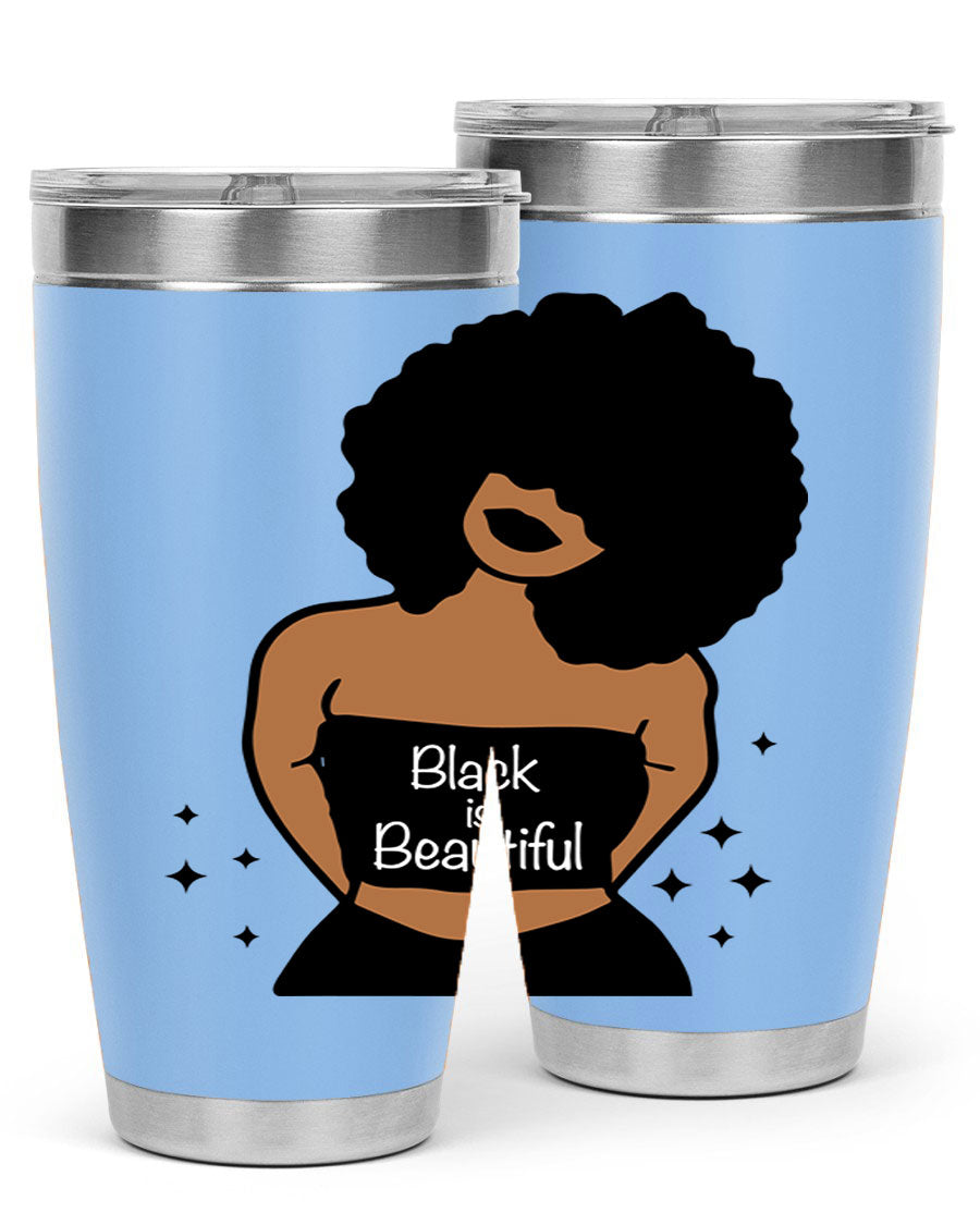 Black is Beautiful 16oz Tumbler showcasing a sleek design with double wall vacuum insulation and a drink-thru lid.