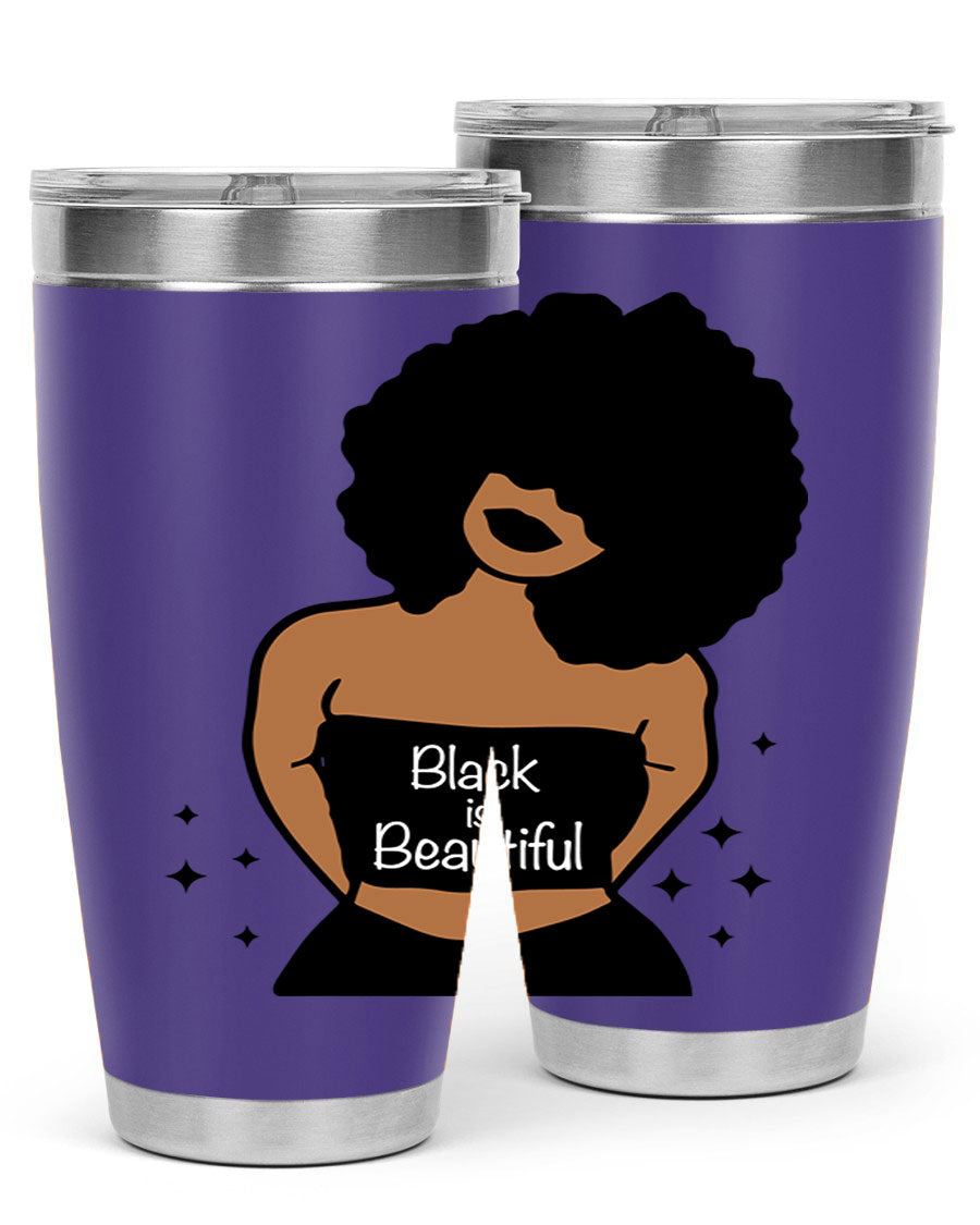 Black is Beautiful 16oz Tumbler showcasing a sleek design with double wall vacuum insulation and a drink-thru lid.