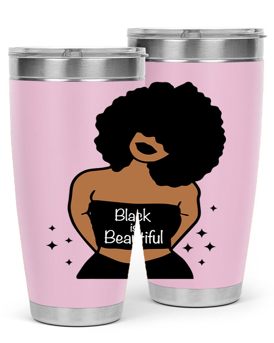 Black is Beautiful 16oz Tumbler showcasing a sleek design with double wall vacuum insulation and a drink-thru lid.