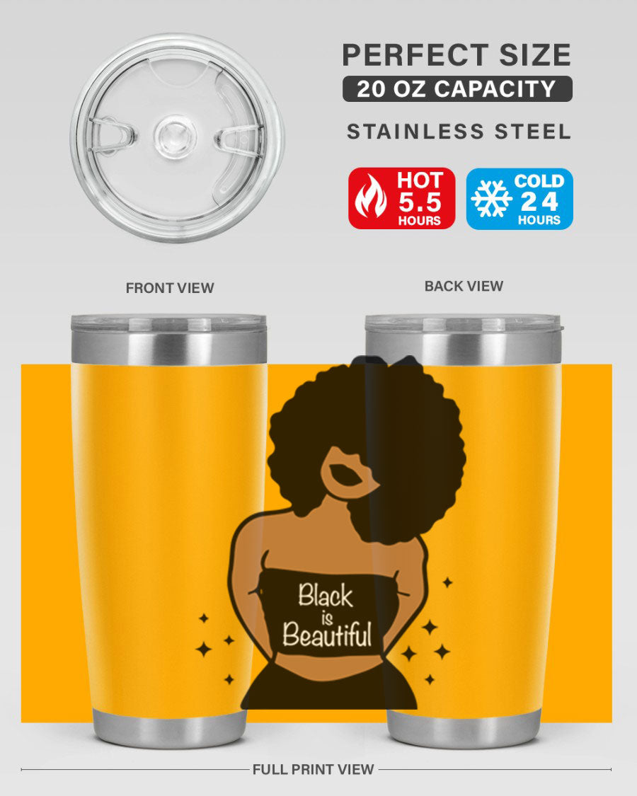 Black is Beautiful 16oz Tumbler showcasing a sleek design with double wall vacuum insulation and a drink-thru lid.