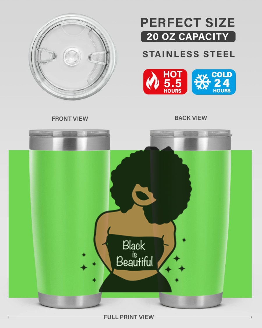 Black is Beautiful 16oz Tumbler showcasing a sleek design with double wall vacuum insulation and a drink-thru lid.