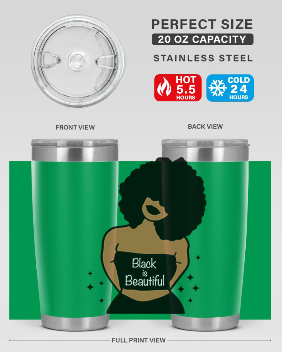 Black is Beautiful 16oz Tumbler showcasing a sleek design with double wall vacuum insulation and a drink-thru lid.