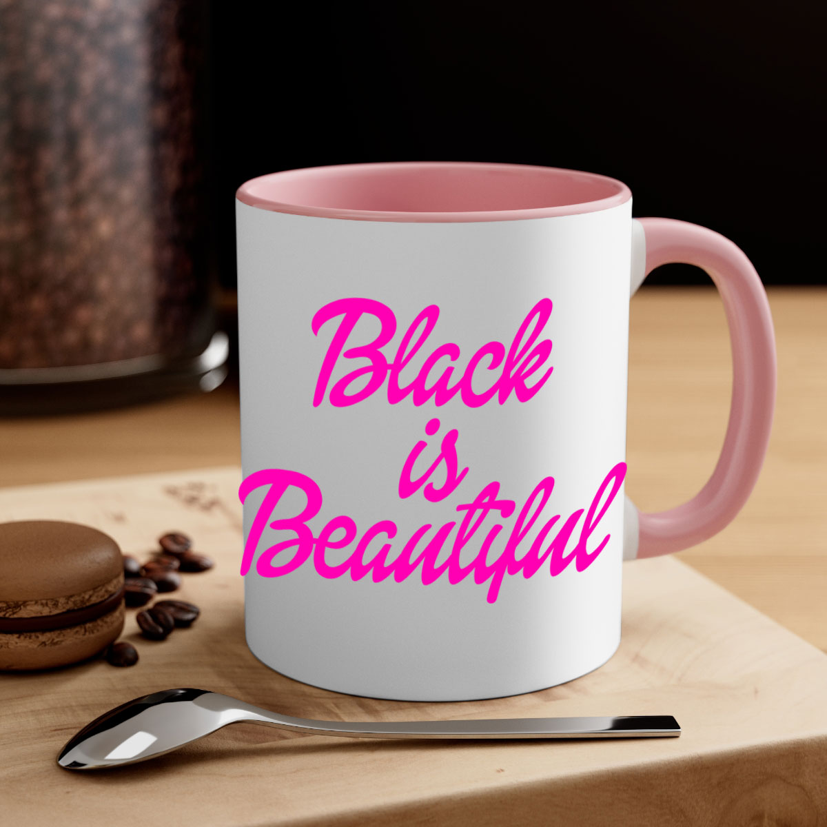 Black is Beautiful 200# Mug with glossy finish and colored handle, available in multiple colors and sizes.