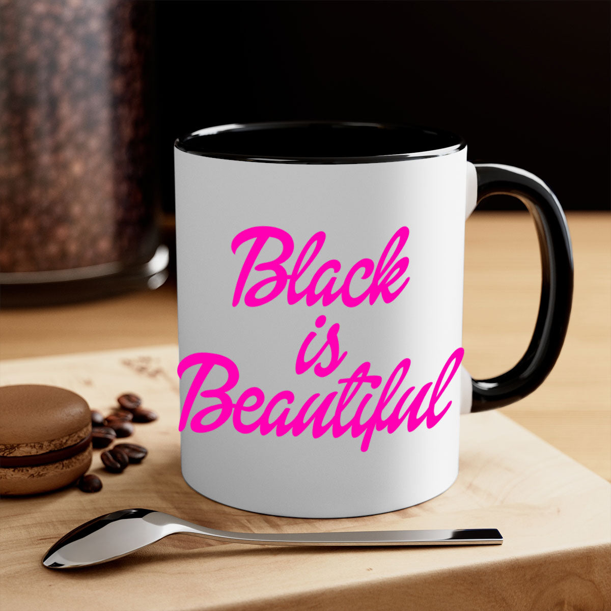 Black is Beautiful 200# Mug with glossy finish and colored handle, available in multiple colors and sizes.