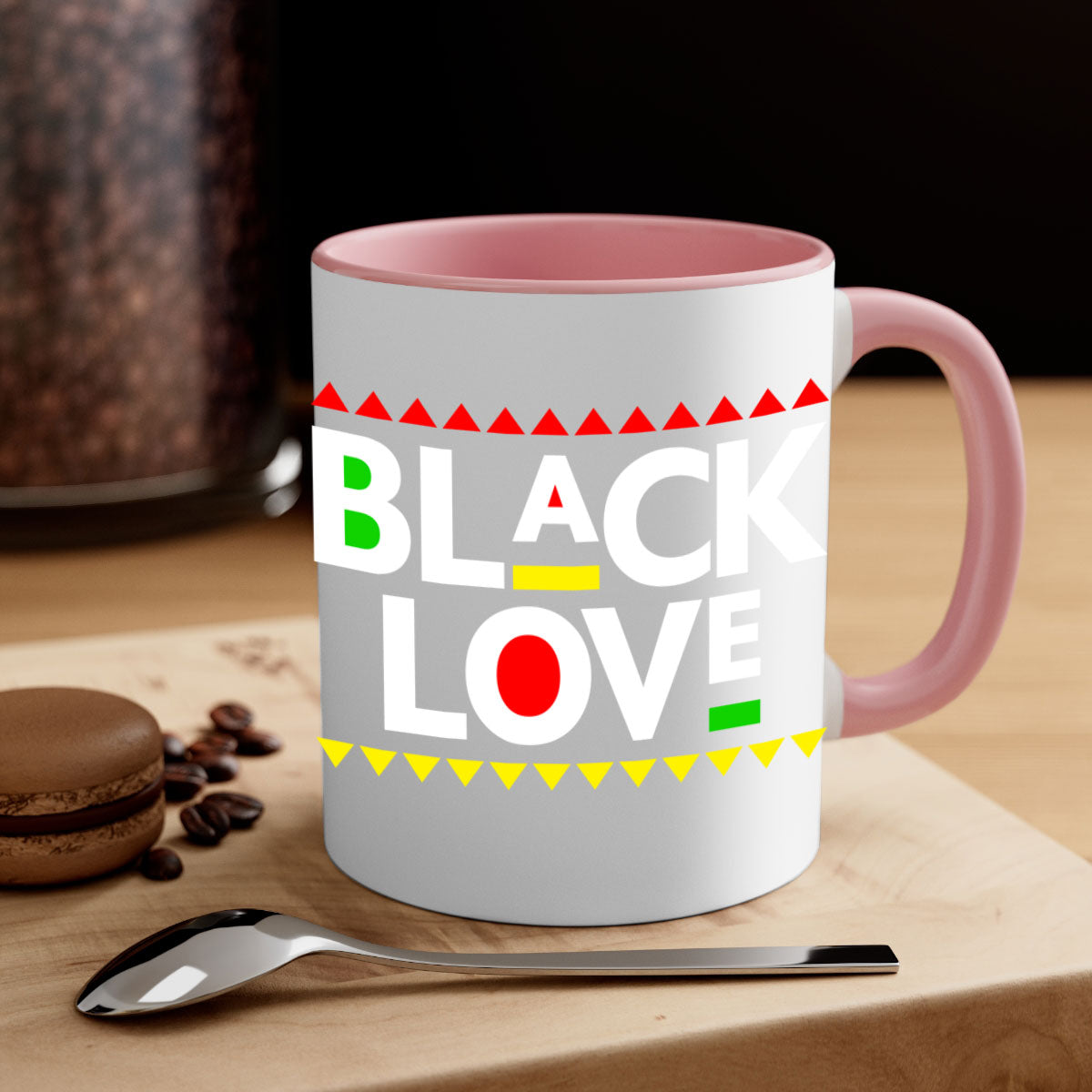 Black Love 228# Mug featuring a glossy finish with a colored handle and interior, available in multiple colors and sizes.