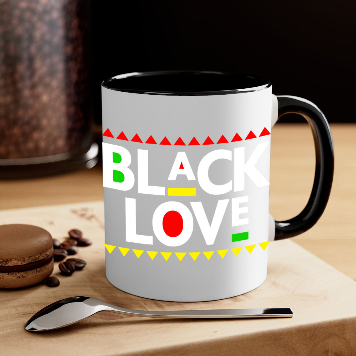 Black Love 228# Mug featuring a glossy finish with a colored handle and interior, available in multiple colors and sizes.