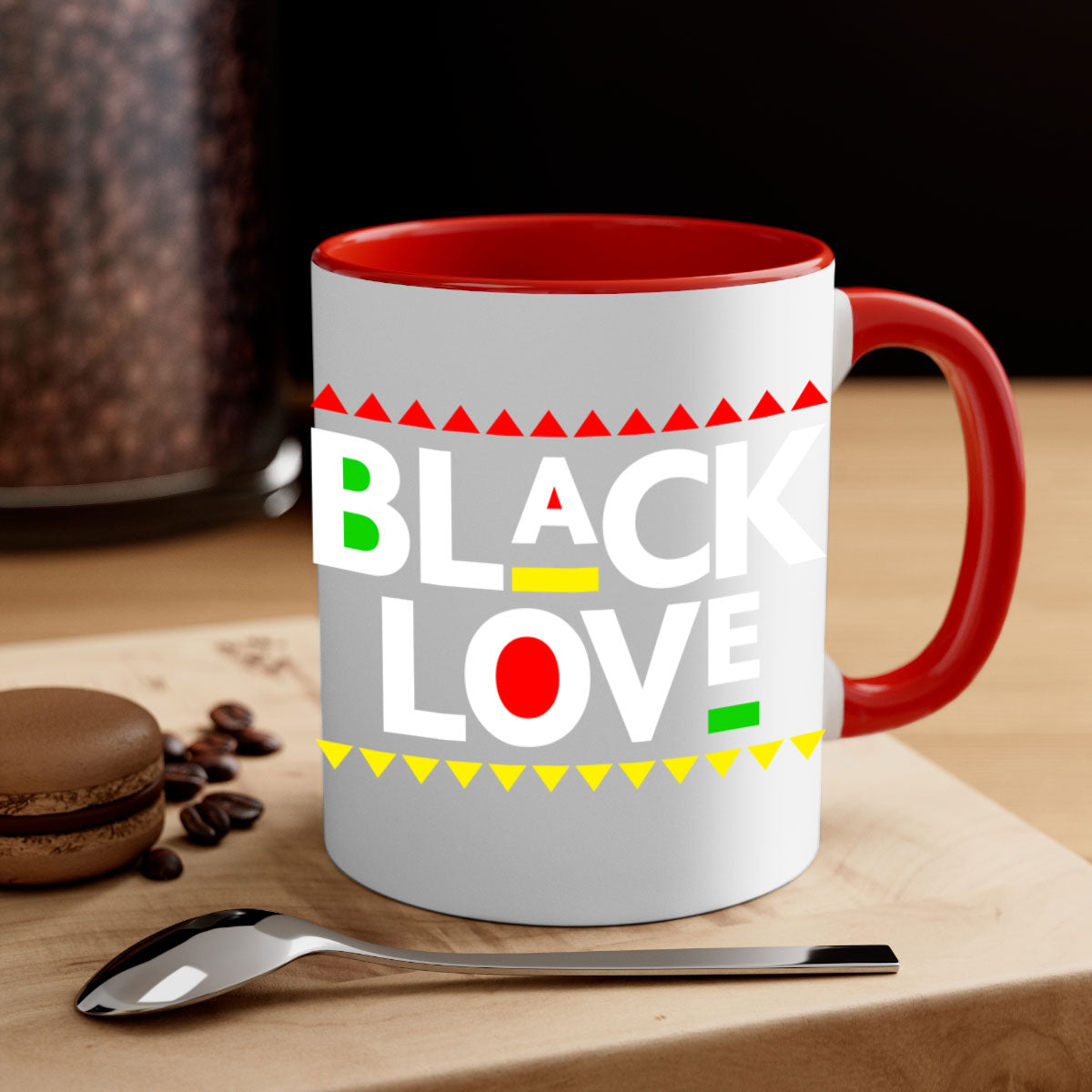 Black Love 228# Mug featuring a glossy finish with a colored handle and interior, available in multiple colors and sizes.