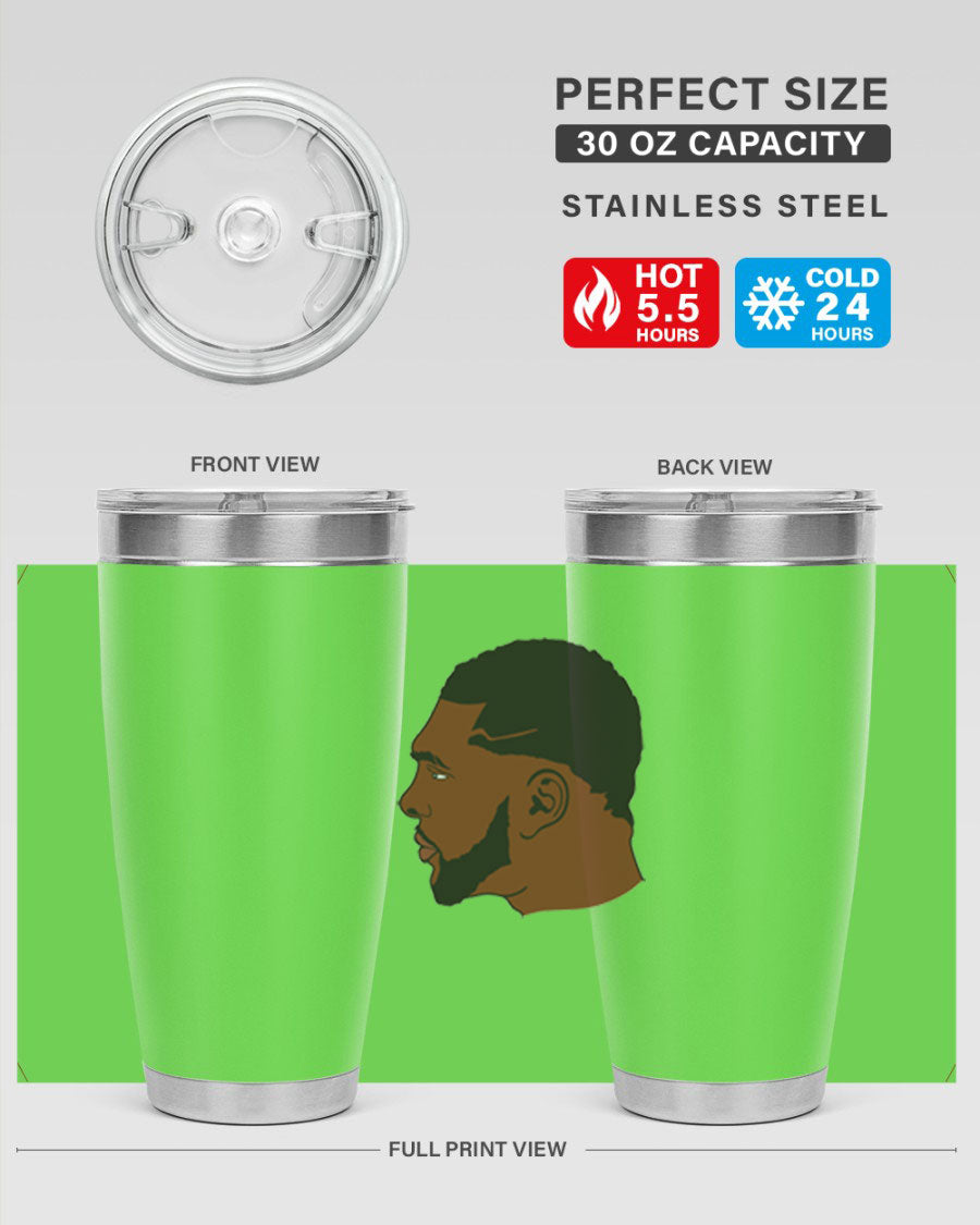 Black man 26# tumbler in 20oz and 30oz sizes, showcasing double wall vacuum stainless steel design with a drink-thru lid.