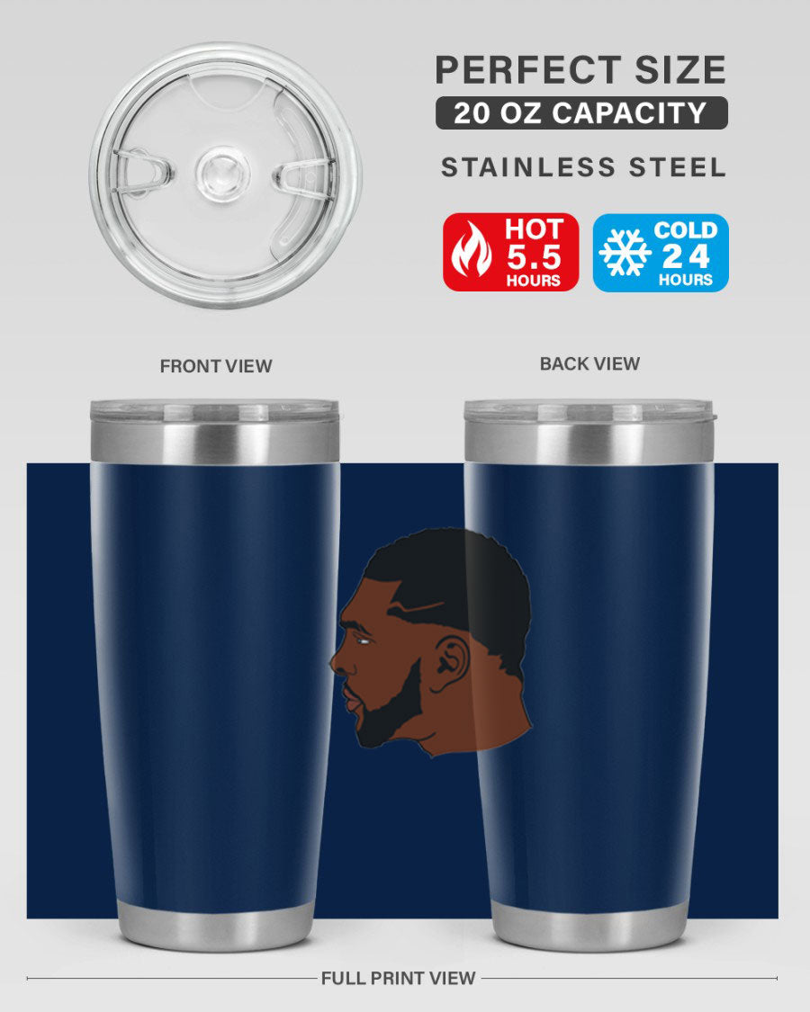 Black man 26# tumbler in 20oz and 30oz sizes, showcasing double wall vacuum stainless steel design with a drink-thru lid.