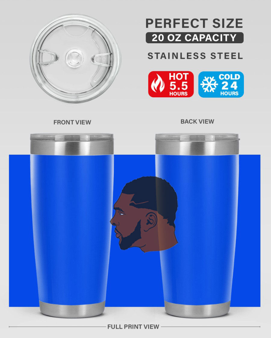 Black man 26# tumbler in 20oz and 30oz sizes, showcasing double wall vacuum stainless steel design with a drink-thru lid.