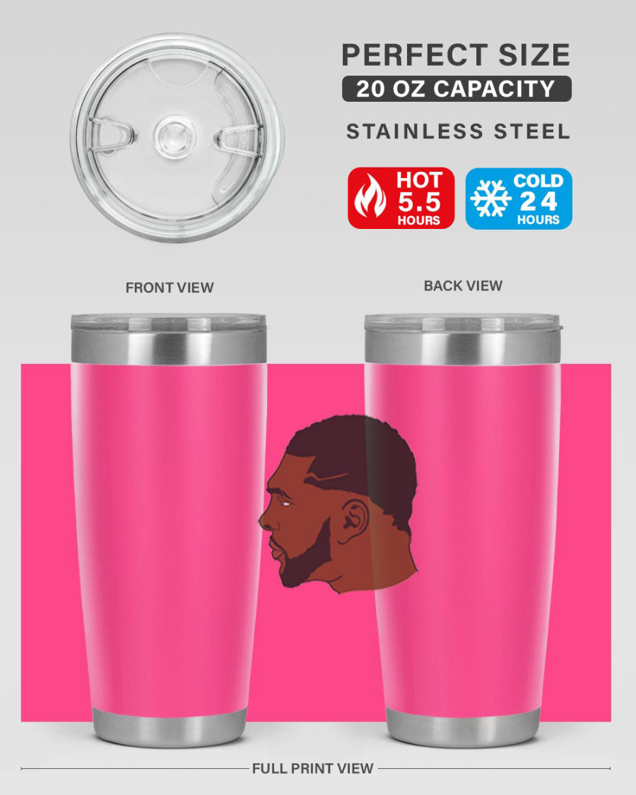 Black man 26# tumbler in 20oz and 30oz sizes, showcasing double wall vacuum stainless steel design with a drink-thru lid.