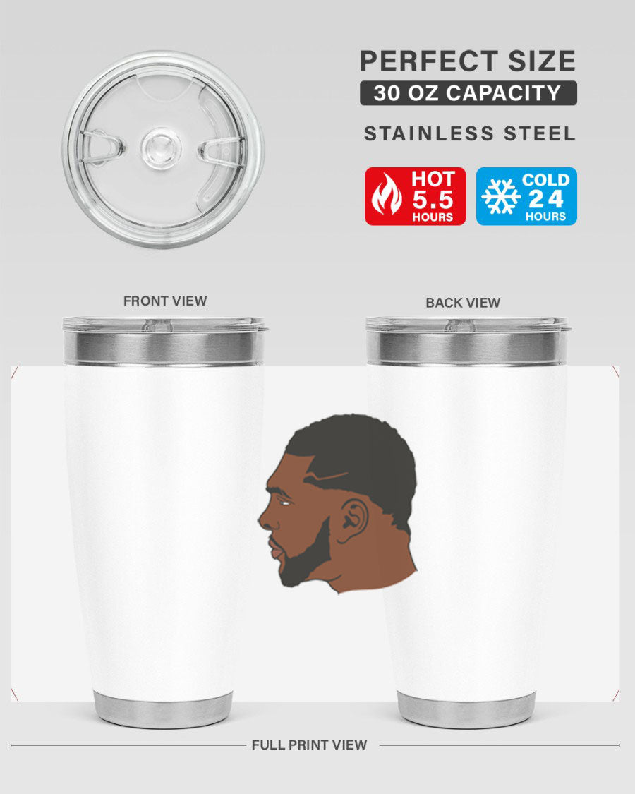 Black man 26# tumbler in 20oz and 30oz sizes, showcasing double wall vacuum stainless steel design with a drink-thru lid.