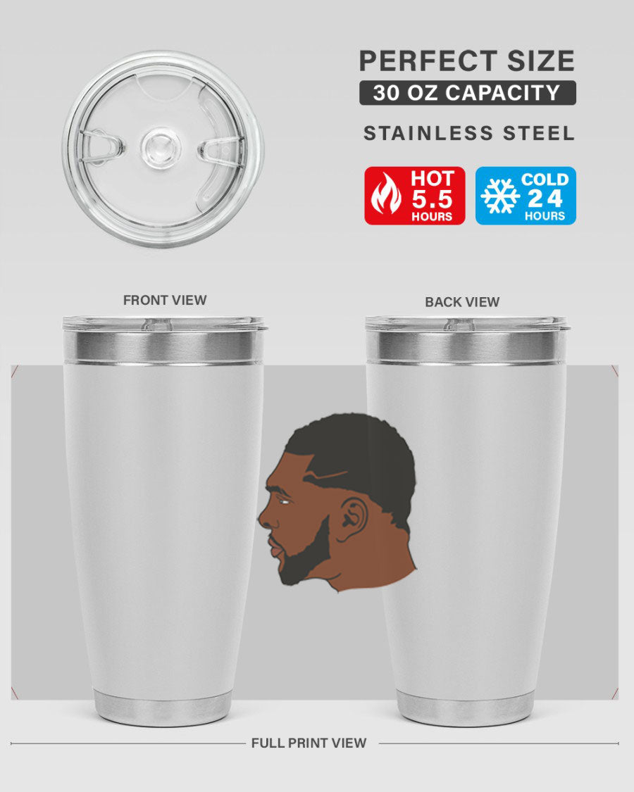 Black man 26# tumbler in 20oz and 30oz sizes, showcasing double wall vacuum stainless steel design with a drink-thru lid.