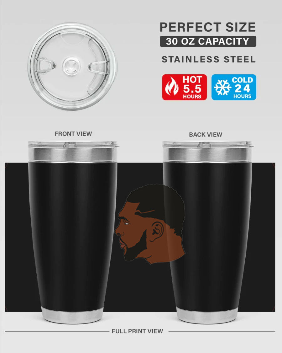 Black man 26# tumbler in 20oz and 30oz sizes, showcasing double wall vacuum stainless steel design with a drink-thru lid.