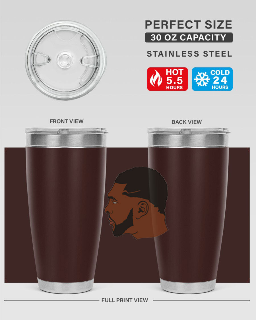 Black man 26# tumbler in 20oz and 30oz sizes, showcasing double wall vacuum stainless steel design with a drink-thru lid.