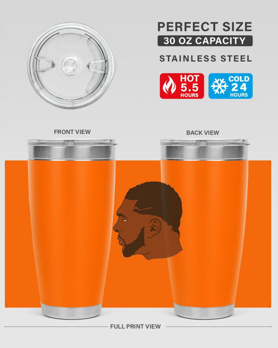 Black man 26# tumbler in 20oz and 30oz sizes, showcasing double wall vacuum stainless steel design with a drink-thru lid.