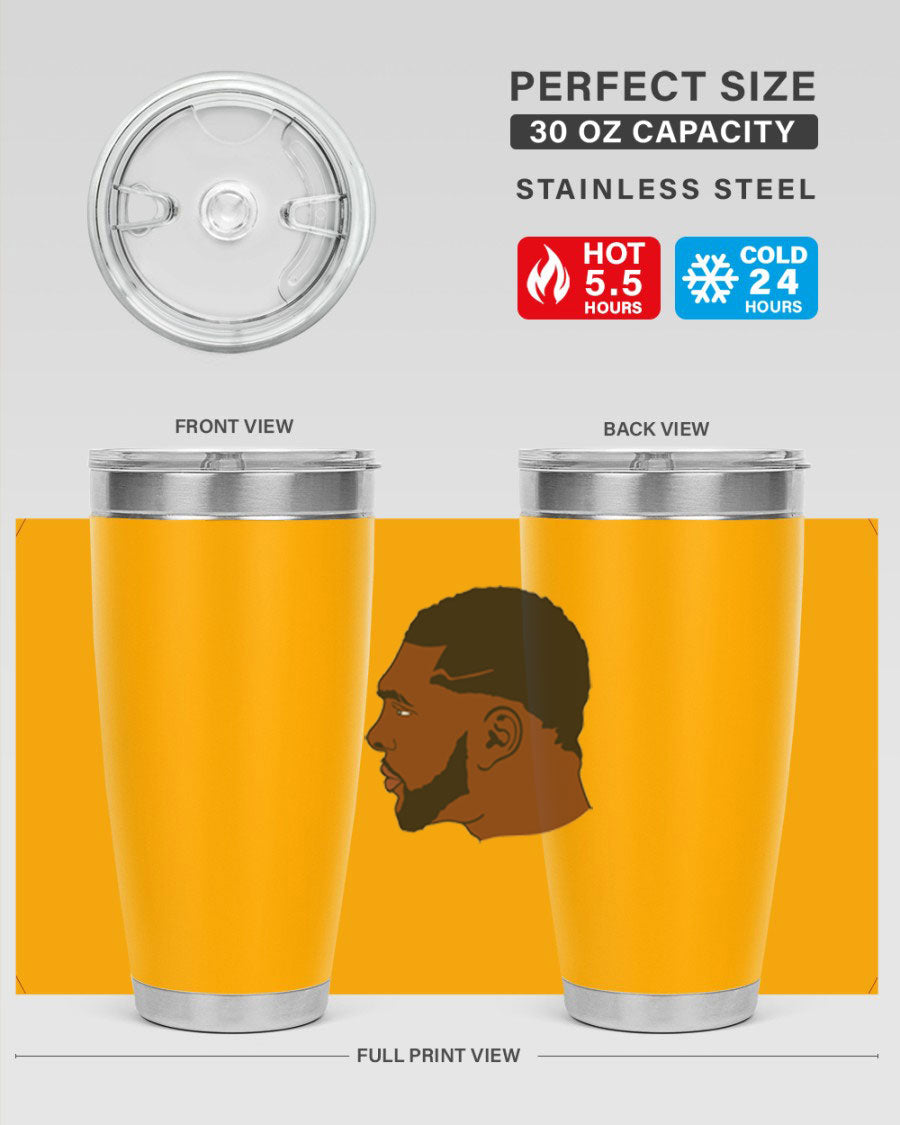 Black man 26# tumbler in 20oz and 30oz sizes, showcasing double wall vacuum stainless steel design with a drink-thru lid.