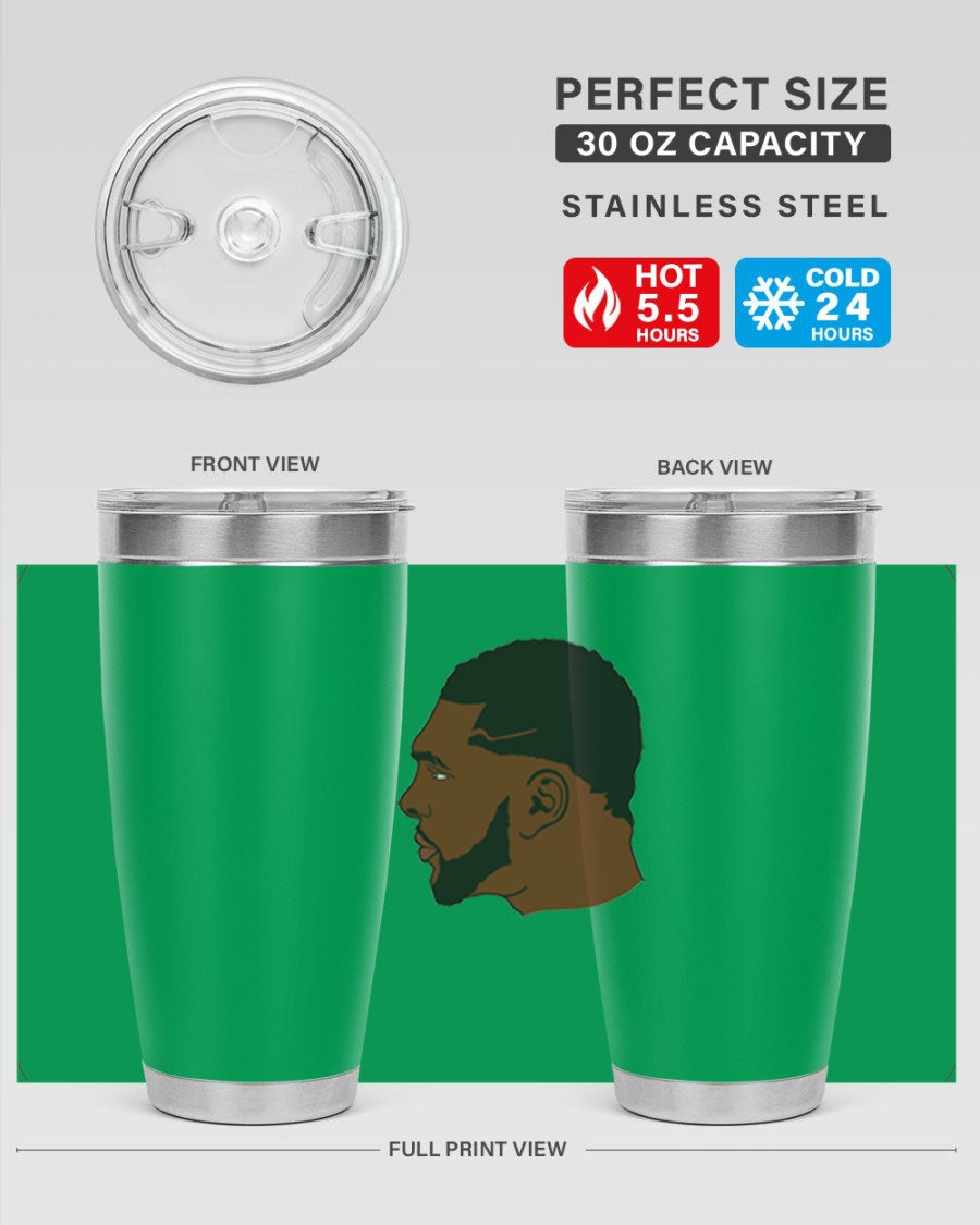 Black man 26# tumbler in 20oz and 30oz sizes, showcasing double wall vacuum stainless steel design with a drink-thru lid.