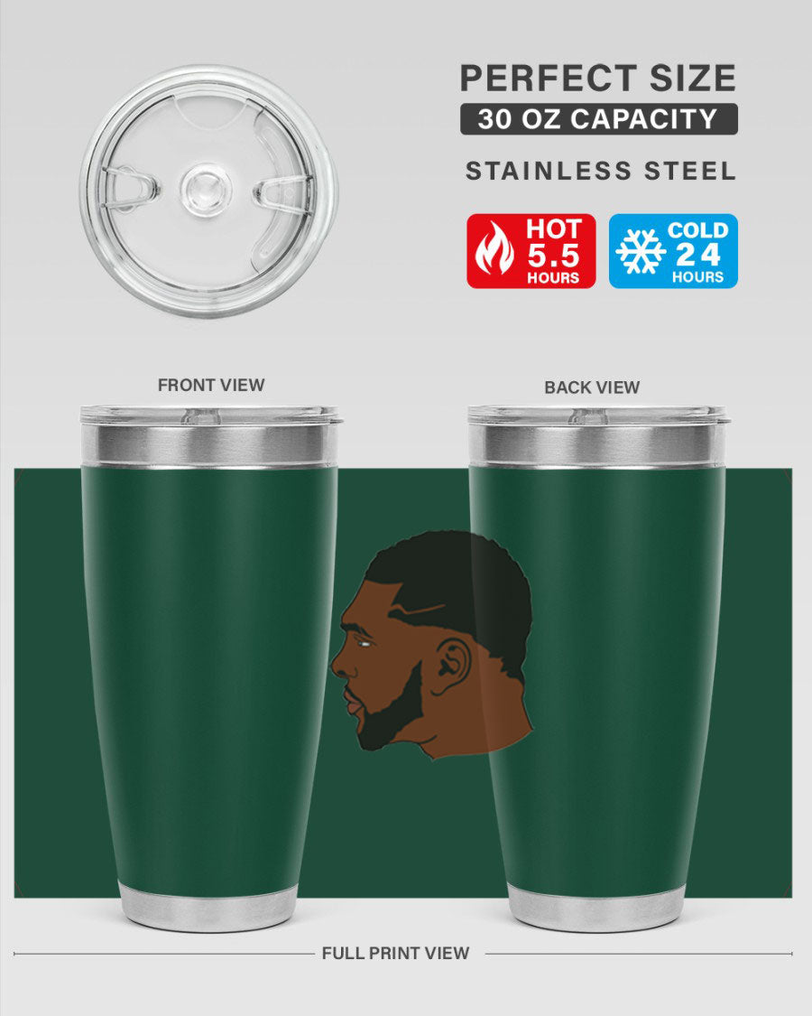 Black man 26# tumbler in 20oz and 30oz sizes, showcasing double wall vacuum stainless steel design with a drink-thru lid.