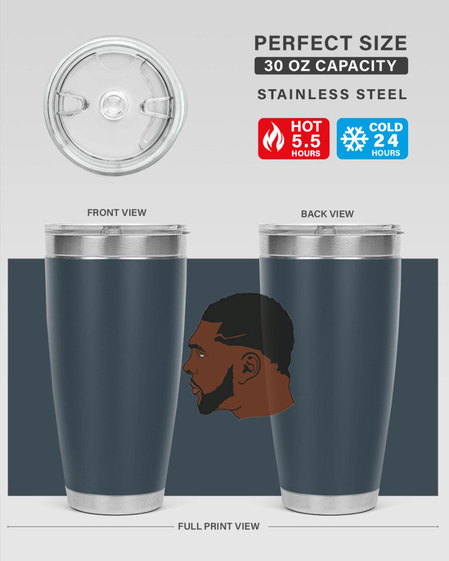 Black man 26# tumbler in 20oz and 30oz sizes, showcasing double wall vacuum stainless steel design with a drink-thru lid.