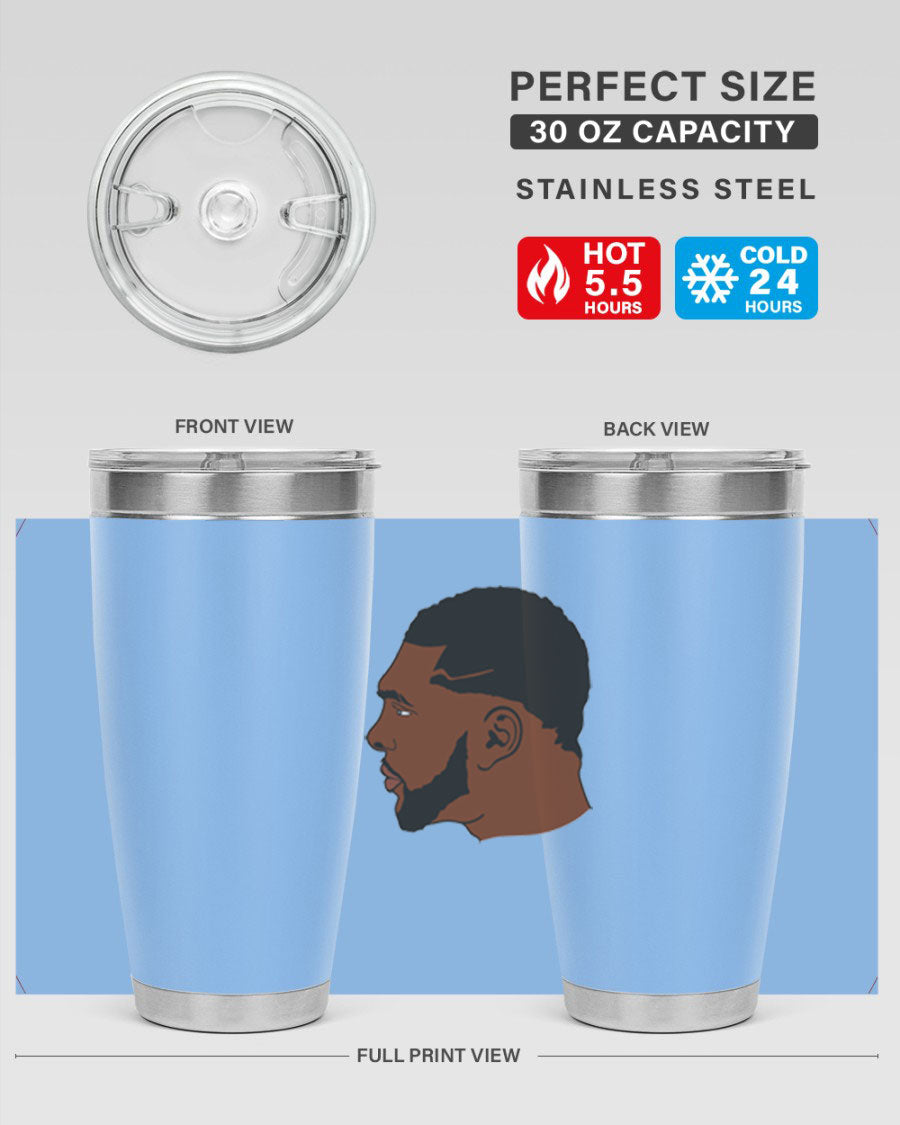 Black man 26# tumbler in 20oz and 30oz sizes, showcasing double wall vacuum stainless steel design with a drink-thru lid.