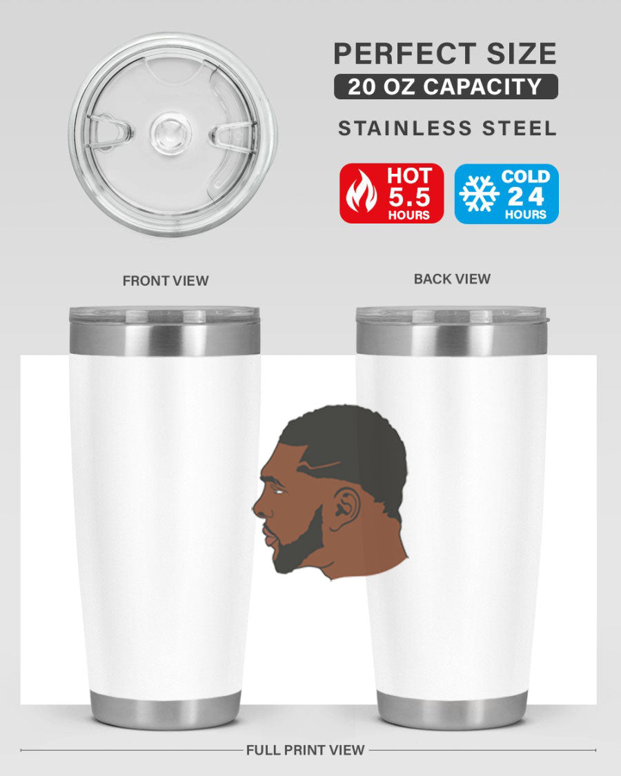 Black man 26# tumbler in 20oz and 30oz sizes, showcasing double wall vacuum stainless steel design with a drink-thru lid.