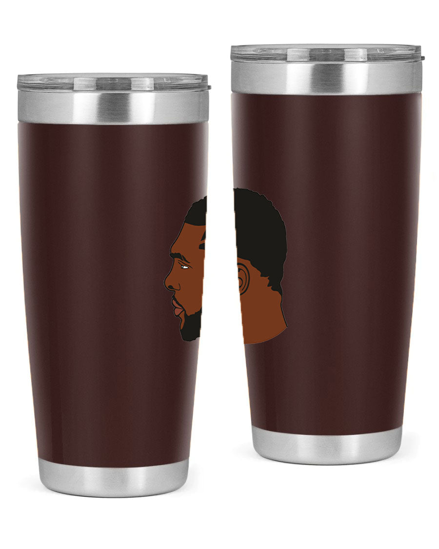 Black man 26# tumbler in 20oz and 30oz sizes, showcasing double wall vacuum stainless steel design with a drink-thru lid.