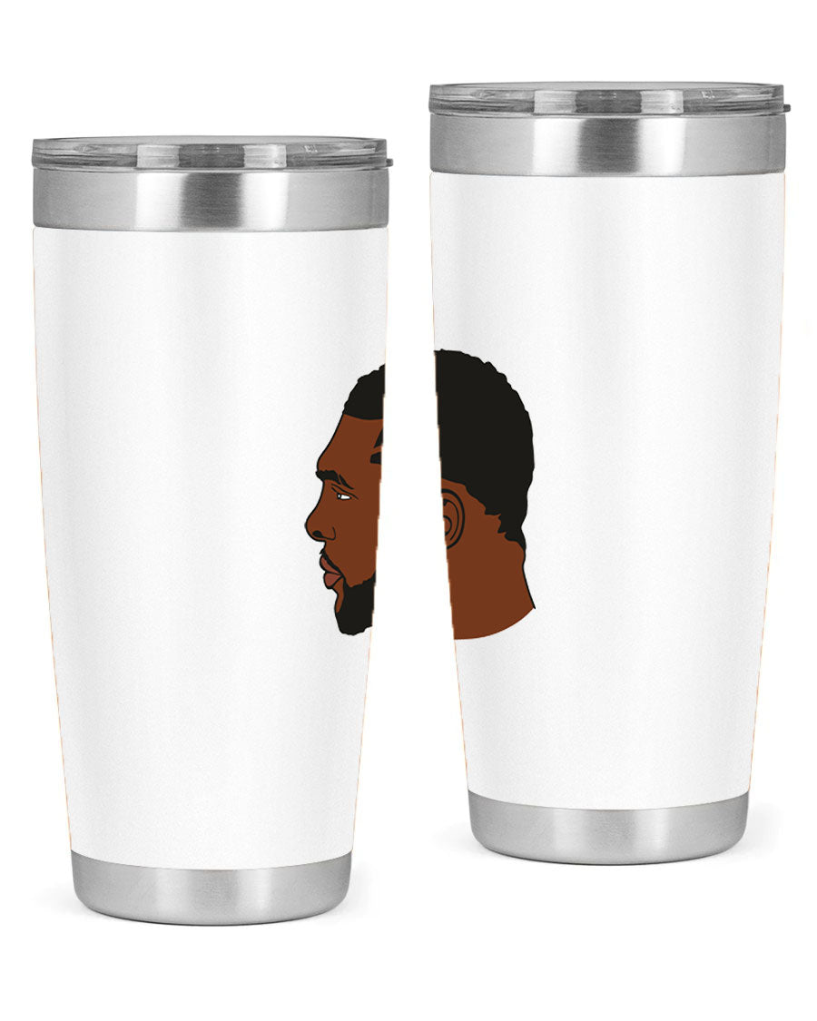 Black man 26# tumbler in 20oz and 30oz sizes, showcasing double wall vacuum stainless steel design with a drink-thru lid.