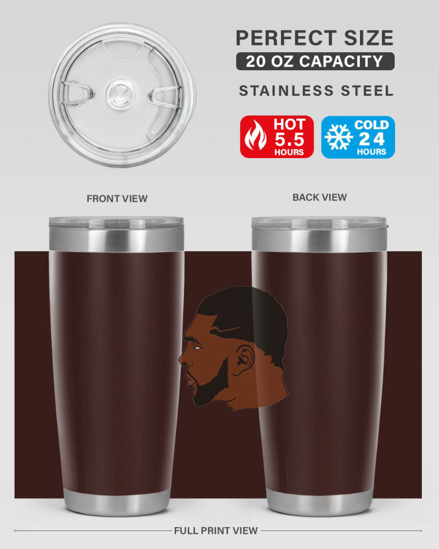 Black man 26# tumbler in 20oz and 30oz sizes, showcasing double wall vacuum stainless steel design with a drink-thru lid.