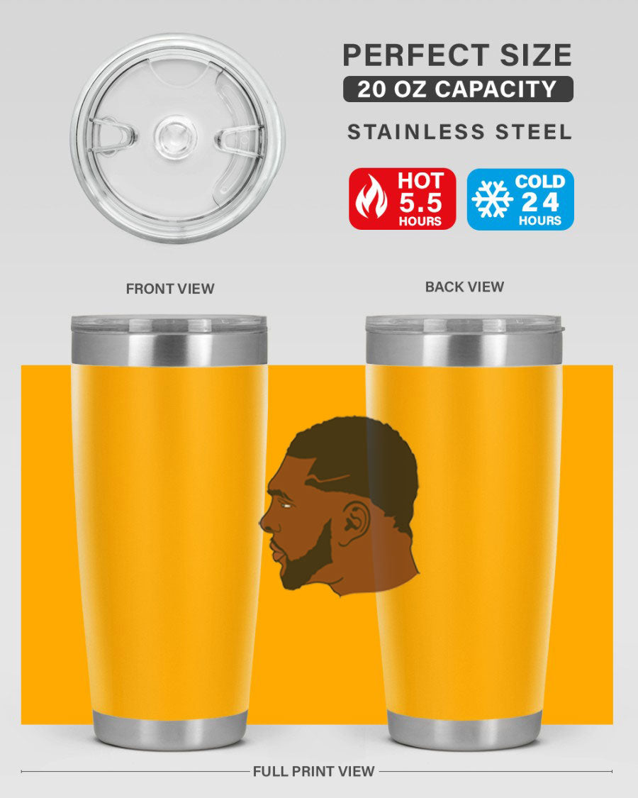 Black man 26# tumbler in 20oz and 30oz sizes, showcasing double wall vacuum stainless steel design with a drink-thru lid.